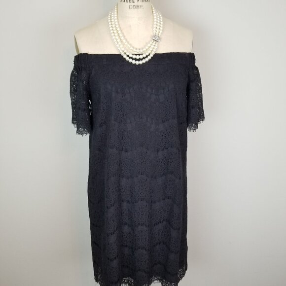 Monteau Black Eyelash Lace Off the Shoulder Shift Dress * Women's Size Medium - Picture 5 of 11